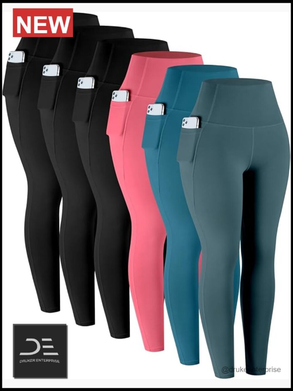 High-Waisted Leggings with Pockets, Tummy Control Workout Yoga Pants 6 Pack